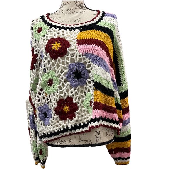 POL Crochet Square Crop Top Multicolor Bell Sleeve Boho Hippie Festival Large - Picture 1 of 13